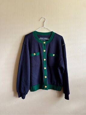 Vintage Escada Sport Cardigan Jacket M Navy Green Gold Button 100% Cotton Preppy